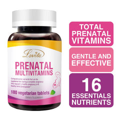 Lovita Prenatal tablets closeup highlighting vegan-friendly formula and gentle iron