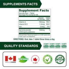 Spirulina bottle with ingredients panel from LOVITA emphasizing vegan, non-GMO