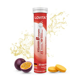 LOVITA Vitamin B Complex bottle pouring into a glass, supports a refreshing daily energy boost.