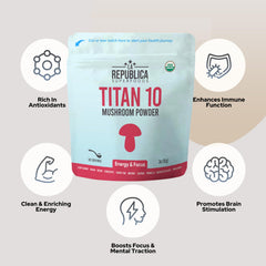 LRLA Titan 10 mushroom powder mixed into tea or coffee.