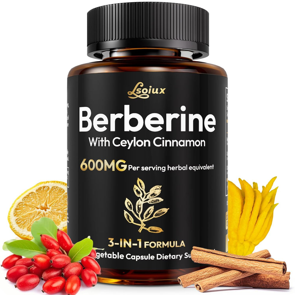 LSOIUX Berberine bottle close-up highlighting the 600 mg formula for daily balance.