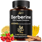 LSOIUX Berberine bottle close-up highlighting the 600 mg formula for daily balance.
