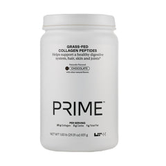 LTH Prime Collagen Peptides chocolate bottle highlights grass-fed sourcing for joint and skin benefits.