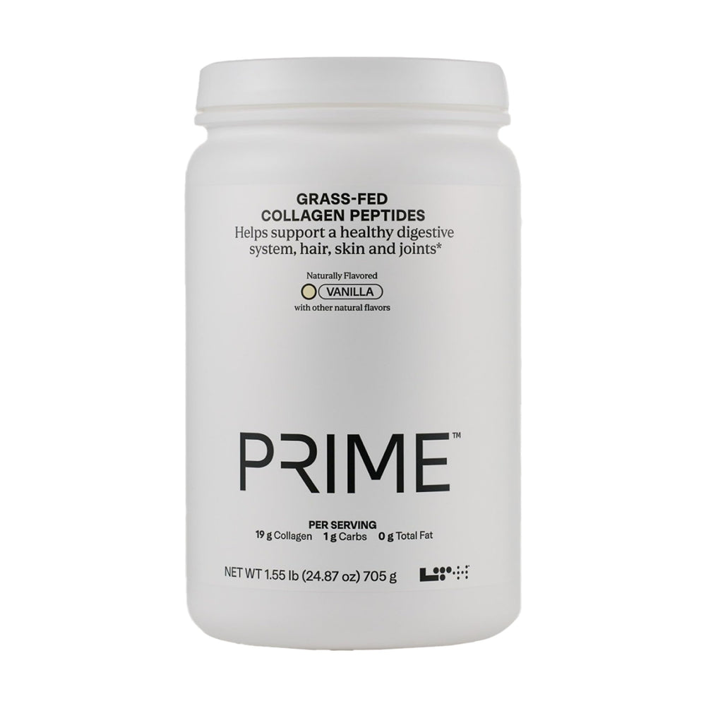 LTH Prime Collagen vanilla powder tub close-up for daily wellness.