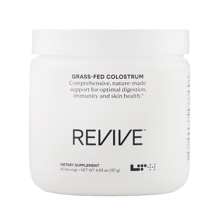 LTH Revive grass-fed colostrum powder bottle for immune and digestion support.