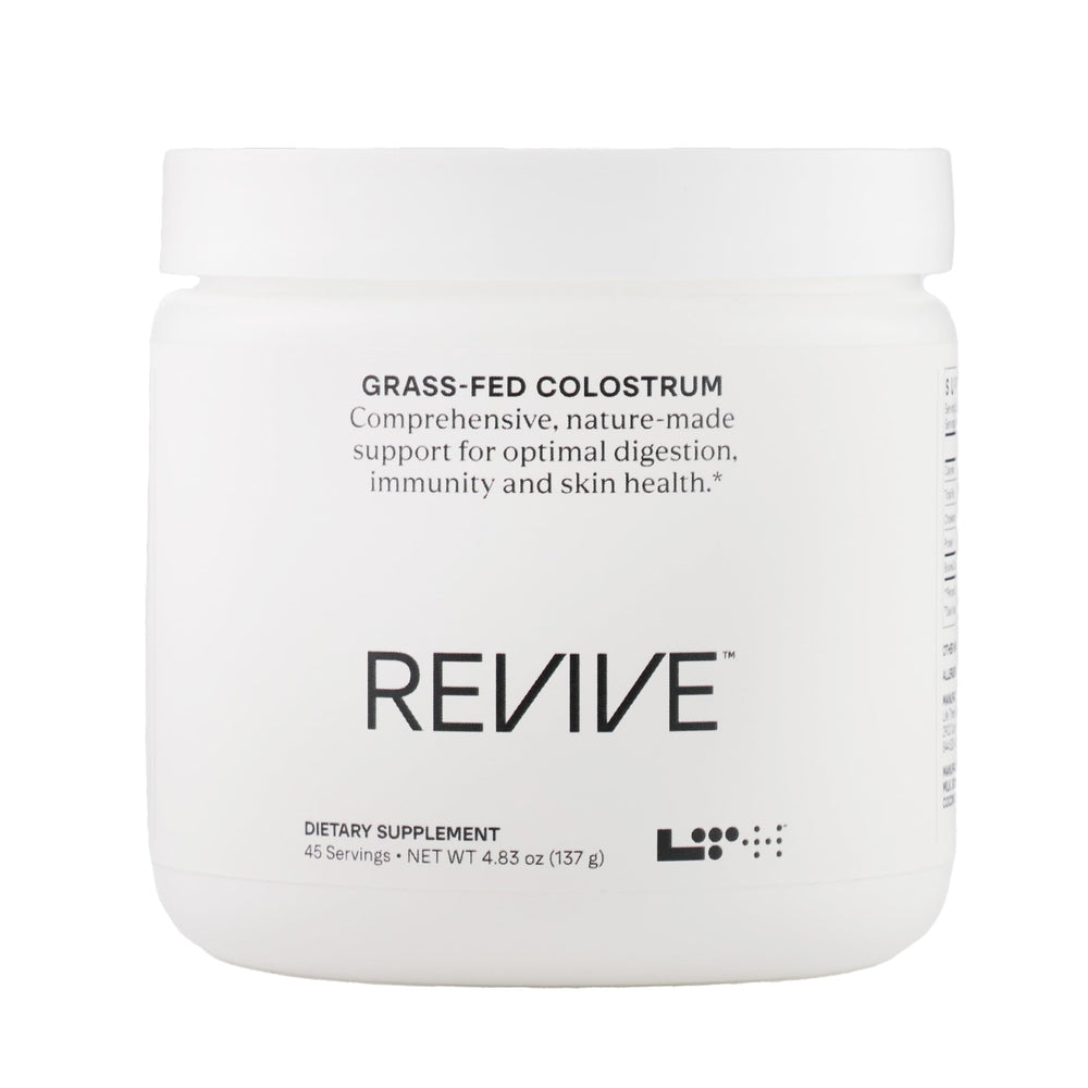 LTH Revive grass-fed colostrum powder bottle for immune and digestion support.