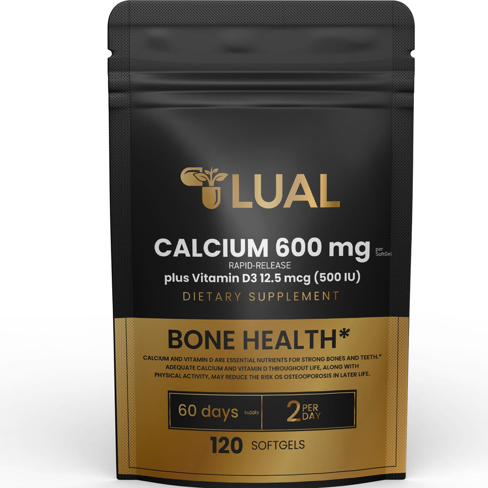 LUAL Calcium 600 mg with Vitamin D3 bottle front view, supports daily bone health.