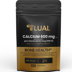 LUAL Calcium 600 mg with Vitamin D3 bottle front view, supports daily bone health.