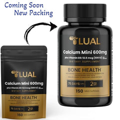 LUAL Calcium Minis softgels close-up highlighting compact, smooth texture for easy ingestion.