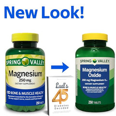 Lual Spring Valley Magnesium tablets show nutrition facts and 250 mg per tablet.