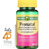 LUAL Spring Valley prenatal bottle front showing 100-tablet supply for pregnancy support.