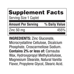 LUAL zinc caplets 50 mg bottle back highlights ingredients and quality terms