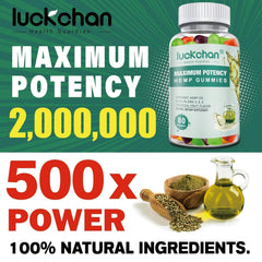 LUCKCHAN hemp gummies pain relief bottle highlighting convenient daily support.