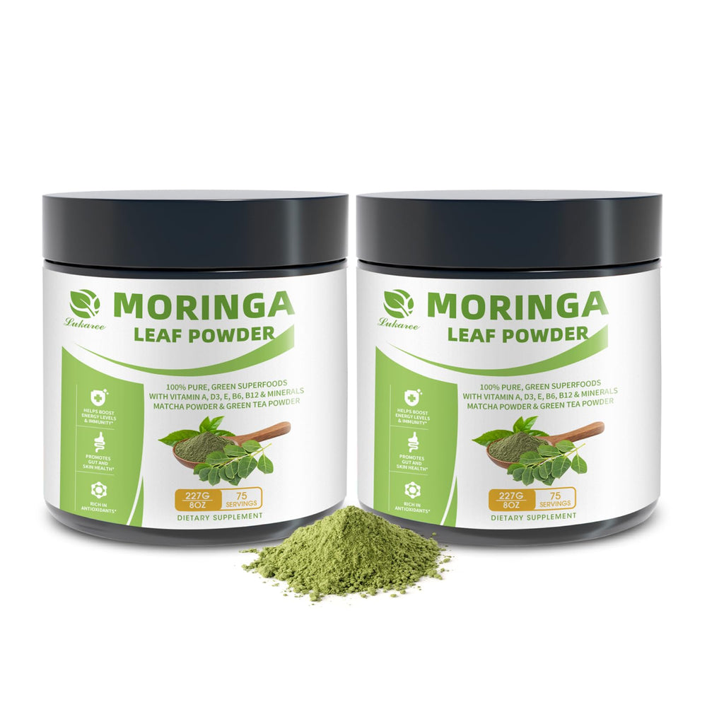 Lukaree Moringa and Matcha powder in bottle for steady daily energy.