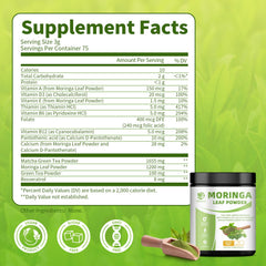 Lukaree Moringa Matcha Powder close-up panel with natural ingredients and vibrant greens.