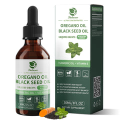 Lukaree oil of oregano with black seed bottle label closeup for daily immune support possibilities