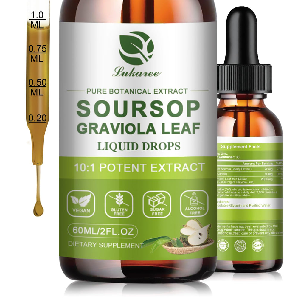Lukaree Pure Soursop Leaves Extract bottle being poured for digestive support