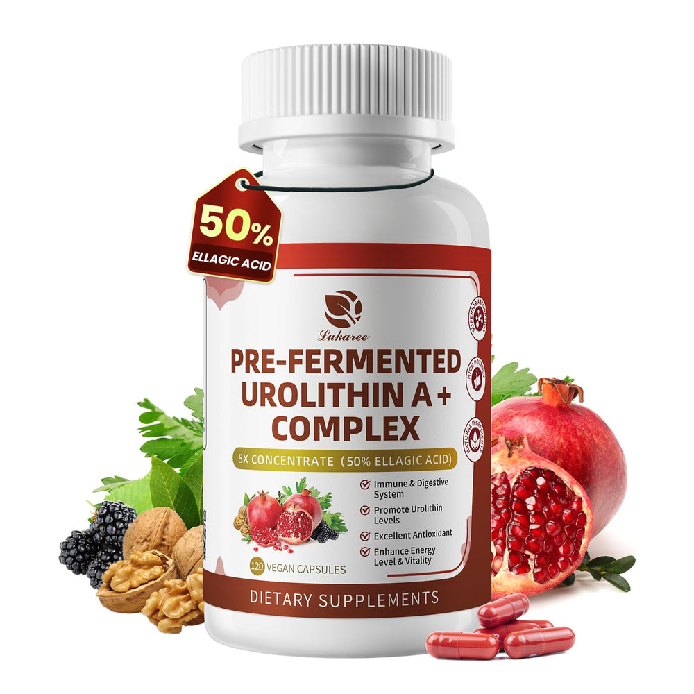 Lukaree Urolithin A+ bottle with a 60-day supply supporting cellular function