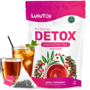 LULUTOX Detox Tea Peach Cup steaming, highlighting a soothing daily wellness ritual