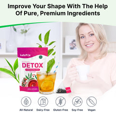 LULUTOX Detox Tea Peach dandelion close-up signals gentle detox-inspired herbal notes.