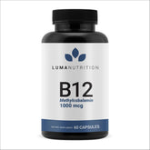 Luma Nutrition B12 1000mcg bottle illustrates energy support and daily wellness.
