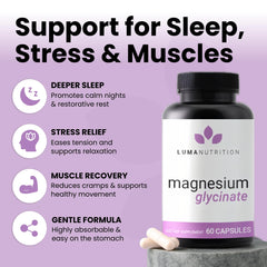 Close-up of Luma Nutrition capsules showing 500mg chelated magnesium glycinate for calm muscles.