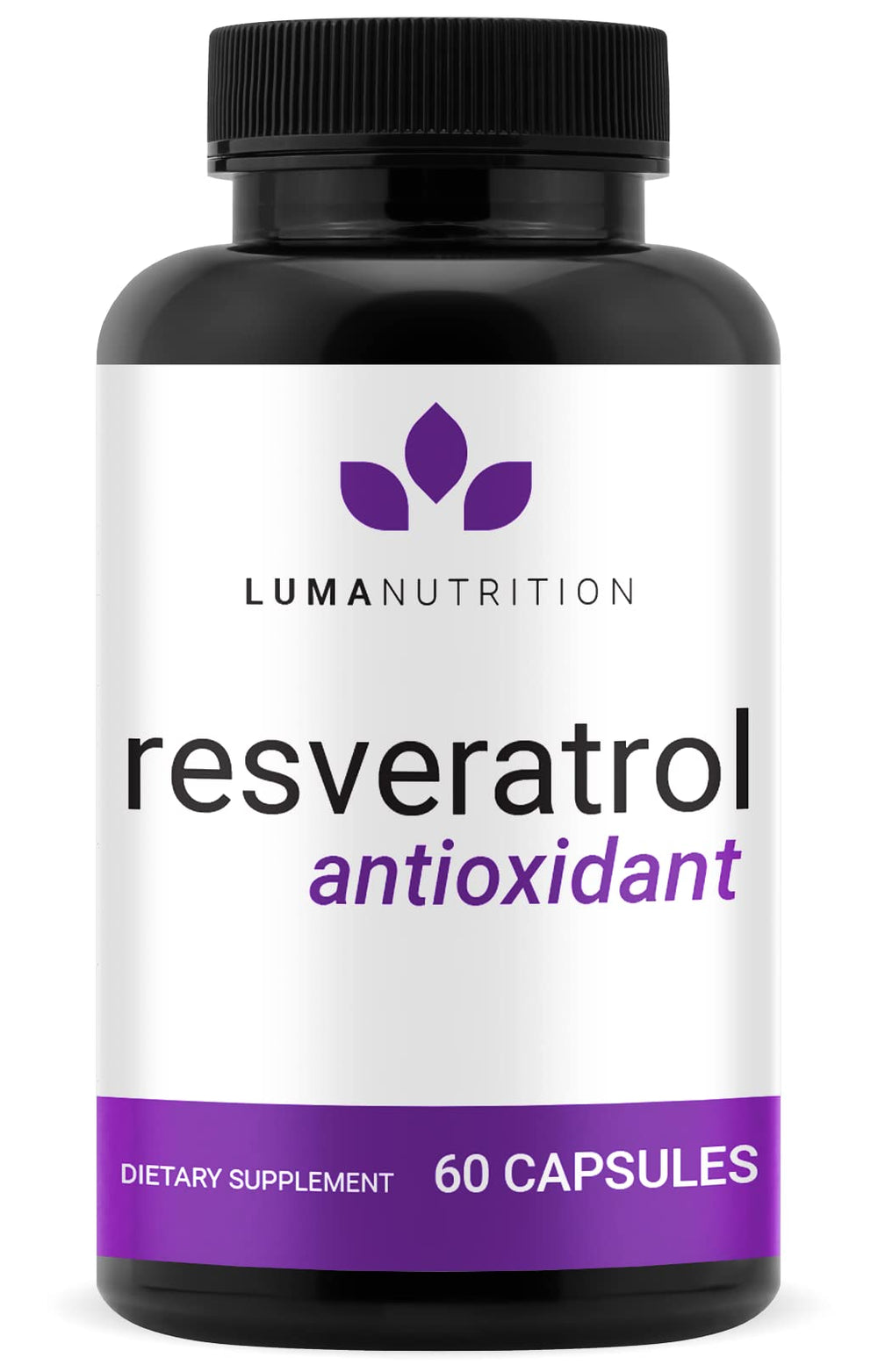 Luma Nutrition Resveratrol bottle front showcasing 600mg capsules for daily antioxidant support.