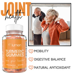 Lumen Naturals turmeric gummies bottle showing 120-count, 60 servings for two months.