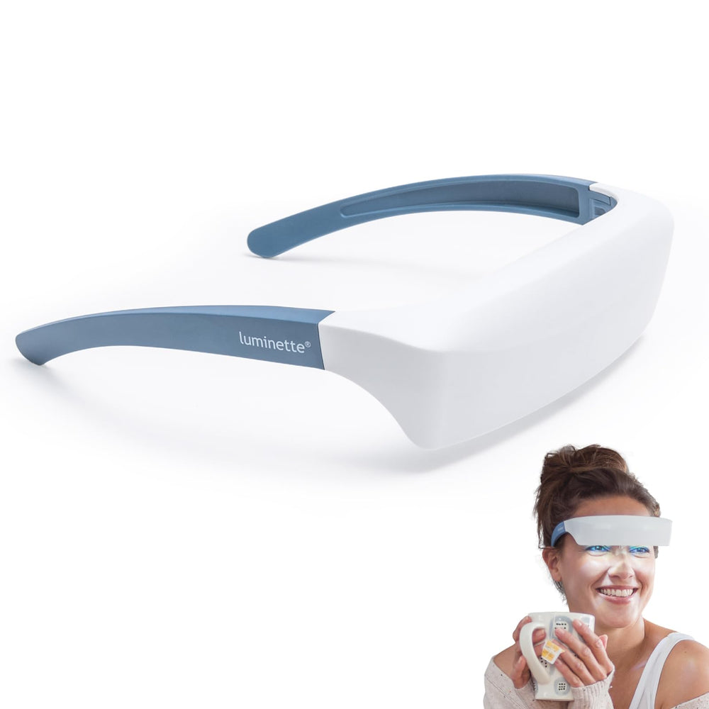 Luminette 2 light therapy glasses worn for hands-free exposure