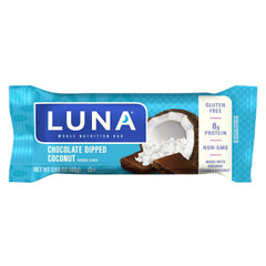 LUNA Bar Chocolate Dipped Coconut nutrition label, 8g protein per bar.
