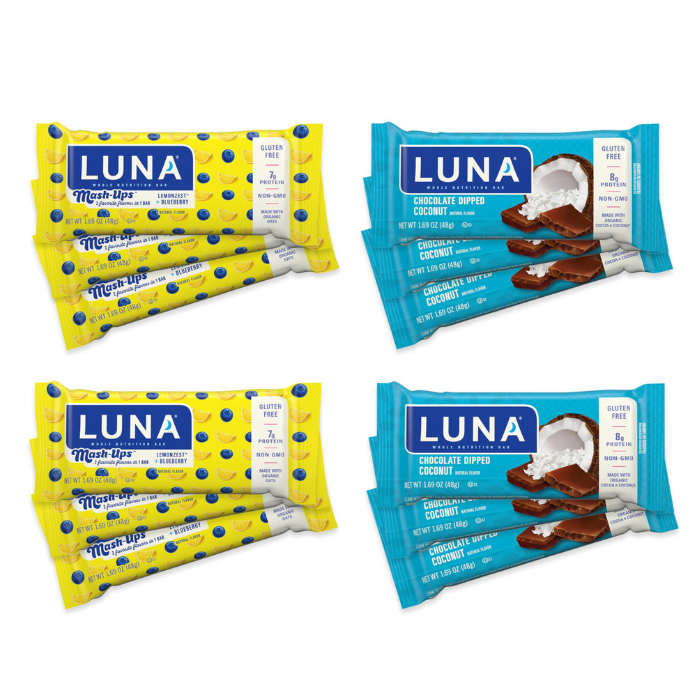 Luna Bar Chocolate Dipped Coconut pack close-up showing gluten-free protein snack.