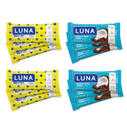Luna Bar Chocolate Dipped Coconut pack close-up showing gluten-free protein snack.