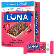 Luna Bar Chocolate Peppermint Stick box packaging shows gluten-free, non-GMO snack for busy days.