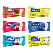 LUNA Bar variety pack six flavors front view highlights gluten-free, non-GMO snacks