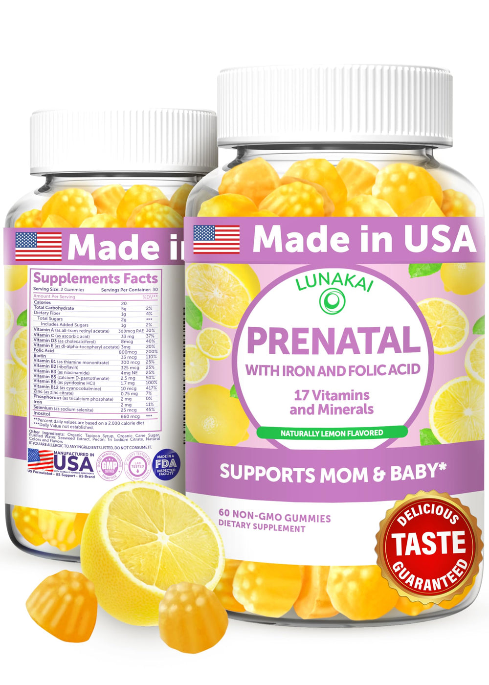 Lunakai 17-in-1 prenatal gummies bottle with lemon flavor for daily use