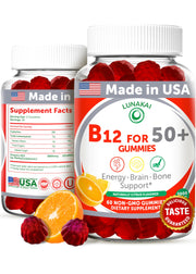 Lunakai B12 gummies orange bottle front, vibrant label and 60-count packaging.