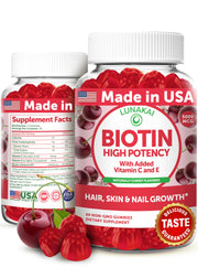 Lunakai gomitas biotina sabor cereza para cabello saludable y uñas fuertes.
