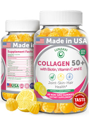 Lunakai collagen gummies bottle front with lemon flavor for skin and joints.