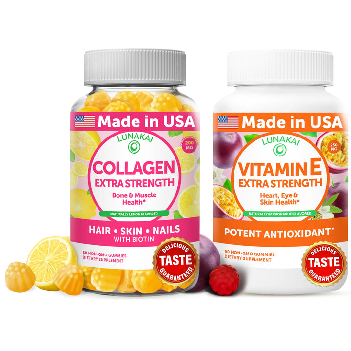 Lunakai collagen vitamin E gummies bottle showing convenient daily support for skin and nails.