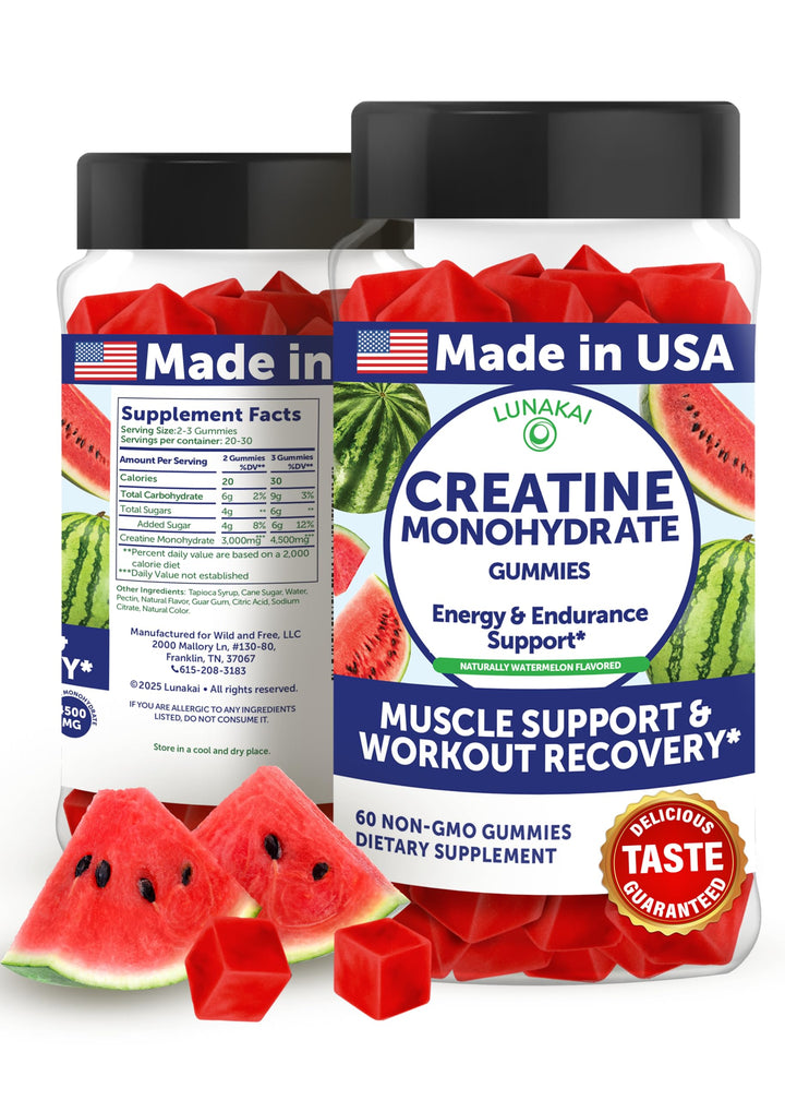 Lunakai creatine gummies pack close-up for on-the-go convenience.