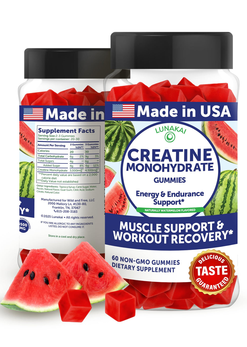 Lunakai creatine gummies pack close-up for on-the-go convenience.