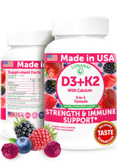 Lunakai D3 K2 Calcium Gummies bottle on white background for daily wellness.