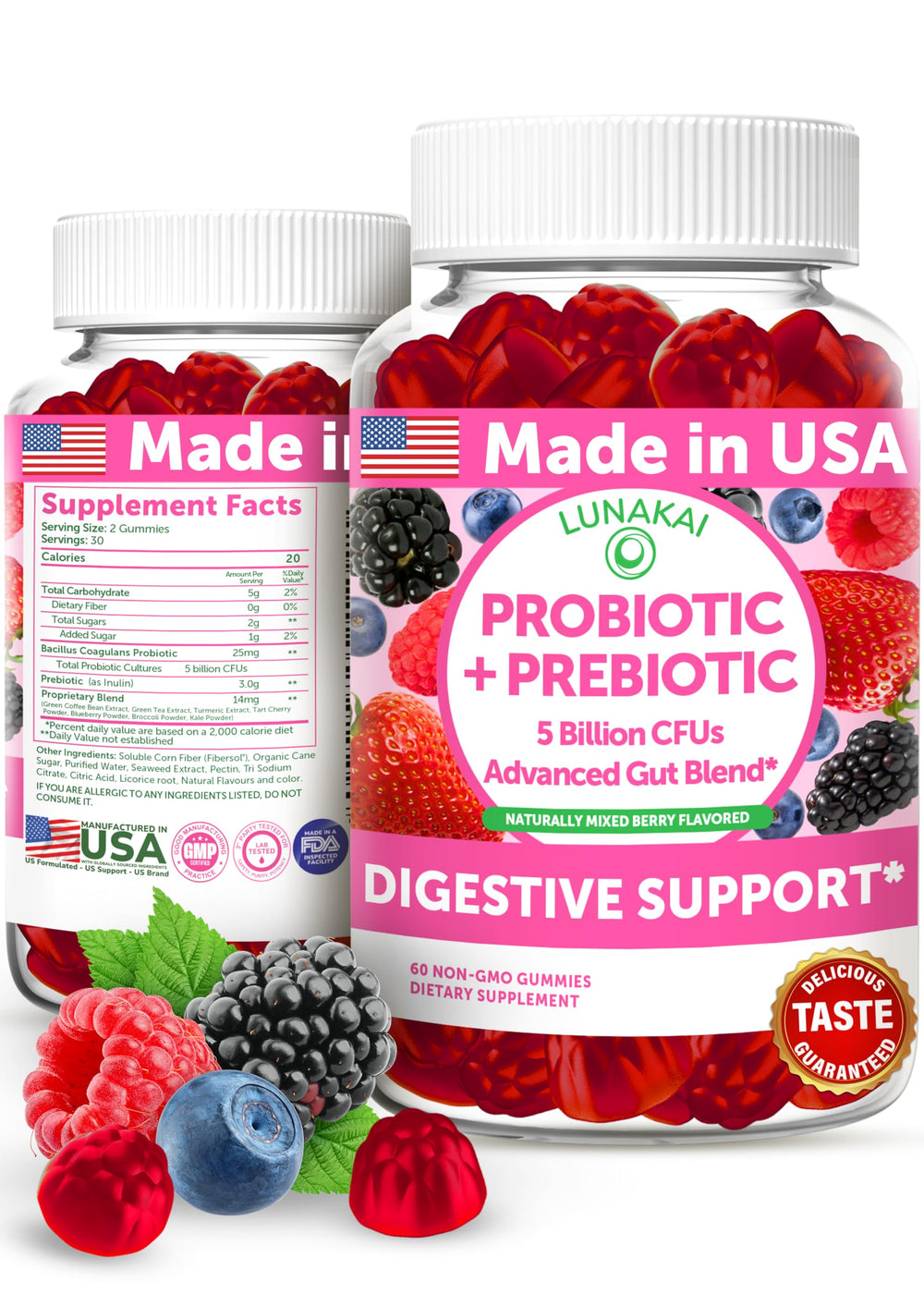 Lunakai gummies bottle with mixed berry flavor supporting daily gut balance.