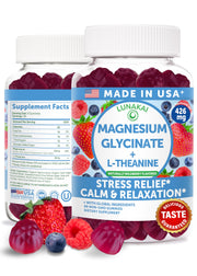 Lunakai magnesium glycinate gummies front bottle showing convenient, tasty daily support for adults and kids.