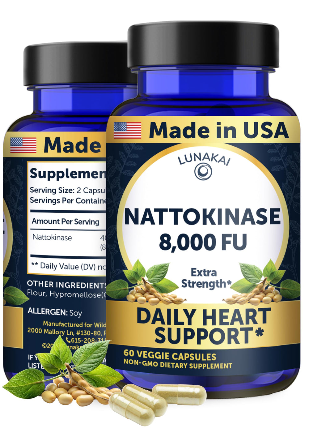 Lunakai nattokinase bottle with 60 capsules for daily heart support