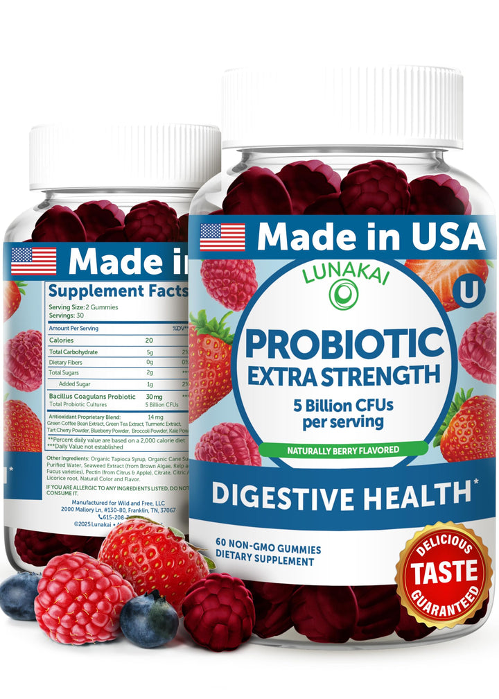 Lunakai probiotic gummies berry flavor for daily digestive balance and immune support.