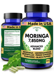 Lunakai pure moringa capsules bottle front for daily wellness support.