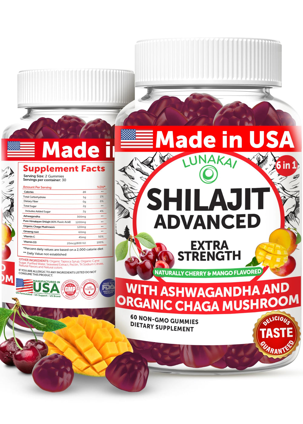 Lunakai Shilajit Gummies bottle front shows USA-made quality for daily energy.