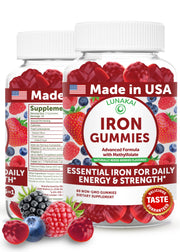 Lunakai vegan iron gummies bottle showing USA-made daily energy support.