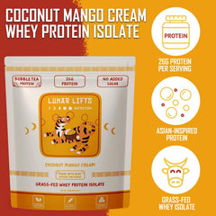Lunar Lifts Coconut Mango Cream whey scoop ready for post-workout fuel